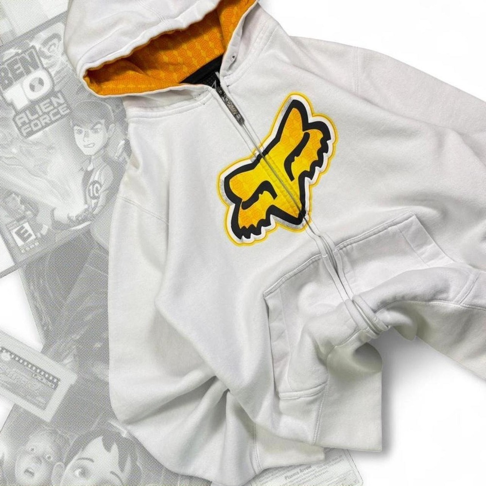 Vintage Y2K White & Gold Fox Racing Monster Energy Zip Up Graphic Hoodie